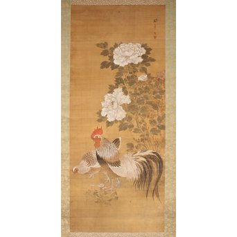 椿椿山 花鳥図/鶏に牡丹 掛軸　Z024 