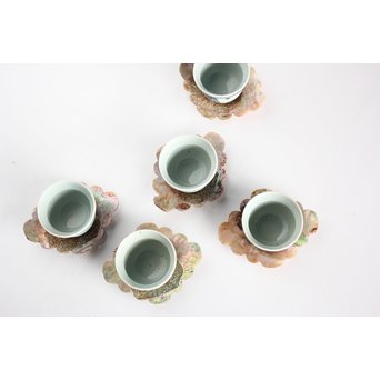 清朝期 染付煎茶碗5客 貝菊型茶托セット　P086