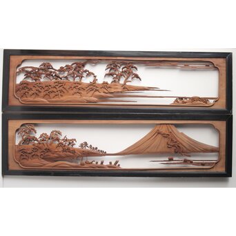 富士に龍 木彫欄間 2枚1組　R0104Y