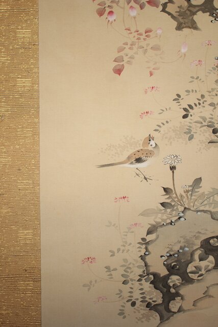 かわいい新作 掛軸 花鳥図 逸品 K166 美術品・アンティーク・コレクション
