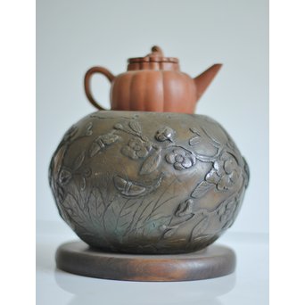 真鍮球型涼炉/手焙 珍品浮彫手彫 　M068 