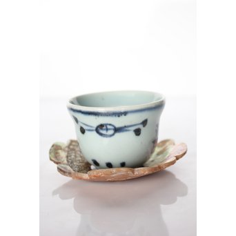 清朝期 染付煎茶碗5客 貝菊型茶托セット　P086 