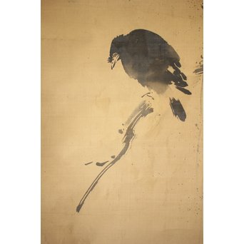 無銘 《枯木寒鳥之図》 絹本水墨 掛軸　Z183 