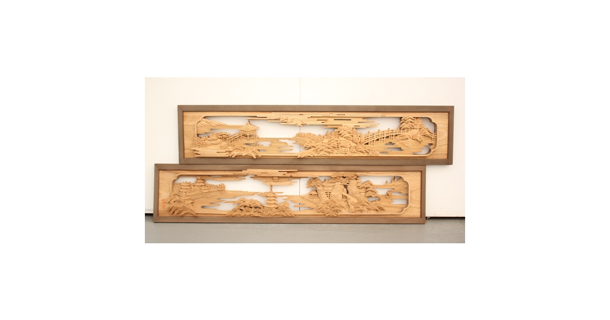 籠瀬露風 神代杉枠 楠木彫欄間 2枚1組 R2499Y｜骨董店 のびる 古美術