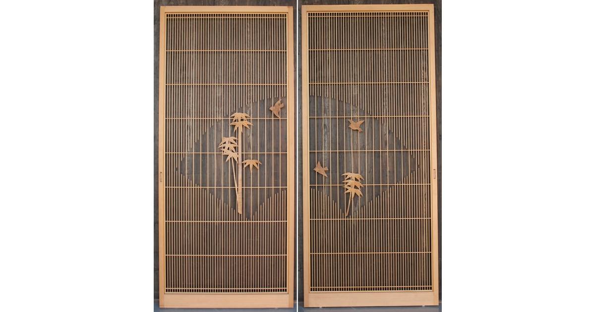 ★骨董品　古民具　木製格子屏風2 竹雀の格子建具 2枚1組 L1014Y｜骨董店 のびる 古美術 骨董 和風