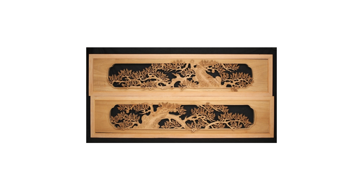 井波彫刻 弘介銘 松の深彫木彫欄間2枚1組 R2562Y｜骨董店 のびる 古