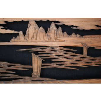 楼閣山水 人物 木彫欄間 2枚1組　R0006 