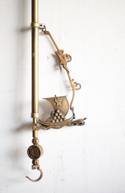 昭和レトロ ブロンズ製 銅製 宝船 鶴 亀 囲炉裏 茶針 自在鉤 140cm