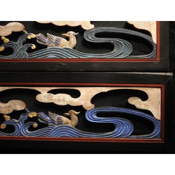 寺院彩色木彫欄間 鴛鴦 3枚1組　R0085Y 