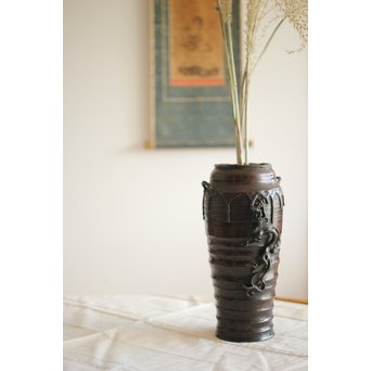 須賀月真 蝋型鋳造 雨龍紋 花入/花瓶　M254