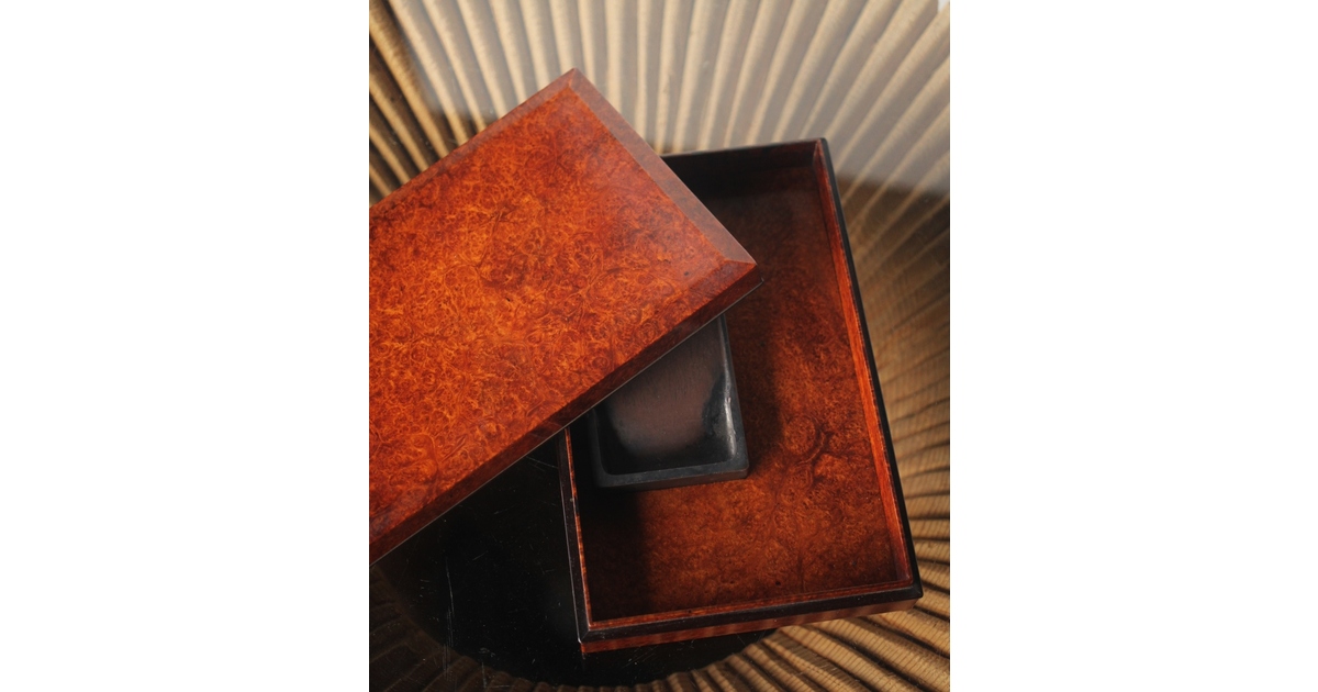 阿達祥山 楓瘤木 指物硯箱 X303｜骨董店 のびる 古美術 骨董 和風建具