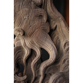 木鼻 玄武と波 寺院木彫　X307 