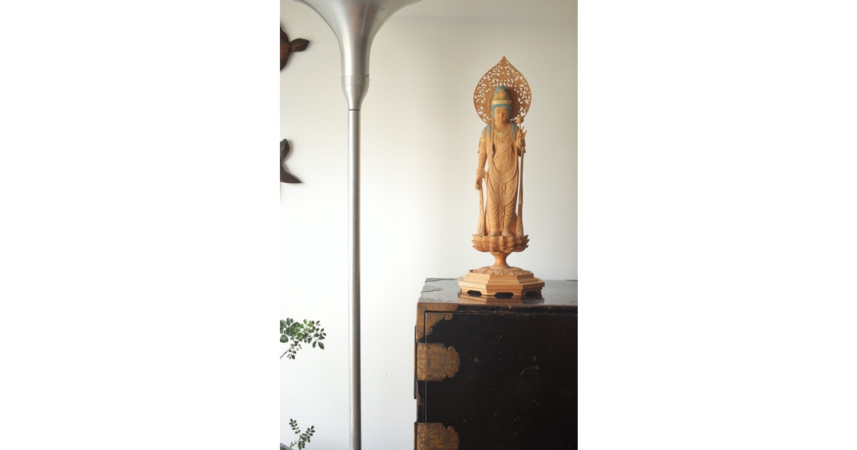 松下武雄作 観音立像 仏教美術彩色木彫 X310｜骨董店 のびる 古美術