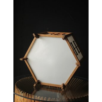 乳白色ガラス 木枠六角電笠　A2084 