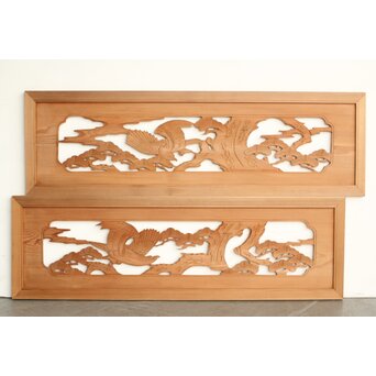鷹と松 中型木彫欄間 2枚1組　R0231 