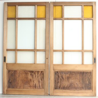 欅玉杢腰板のダイア黄色ガラスの建具 2枚1組　GD0133YD