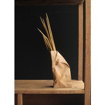 島田恭宏作か 袋と野菜 木彫彫刻　X374