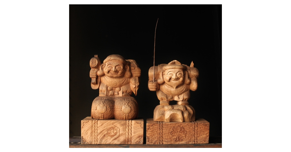 値下げ対応　アンティーク金絲楠木 恵比寿大黒天 木の手彫り一対 80cm 大型 値下げ対応 アンティーク金絲楠木 恵比寿大黒天 木の手彫り一対 80cm