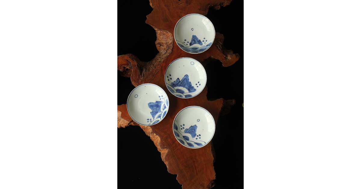 蓬莱山 古染付 小皿 4枚1組 P373｜骨董店 のびる 古美術 骨董 和風建具