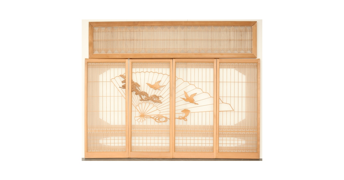 扇に鶴 ガラス入白木書院欄間 5枚1組 R0289｜骨董店 のびる 古美術
