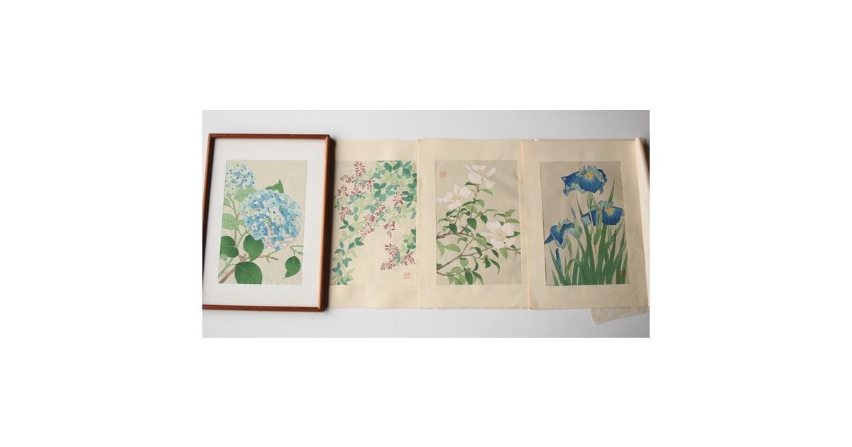 河原崎奨堂 木版画 芸艸堂版【紫陽花/花菖蒲/萩/山茶花】4枚