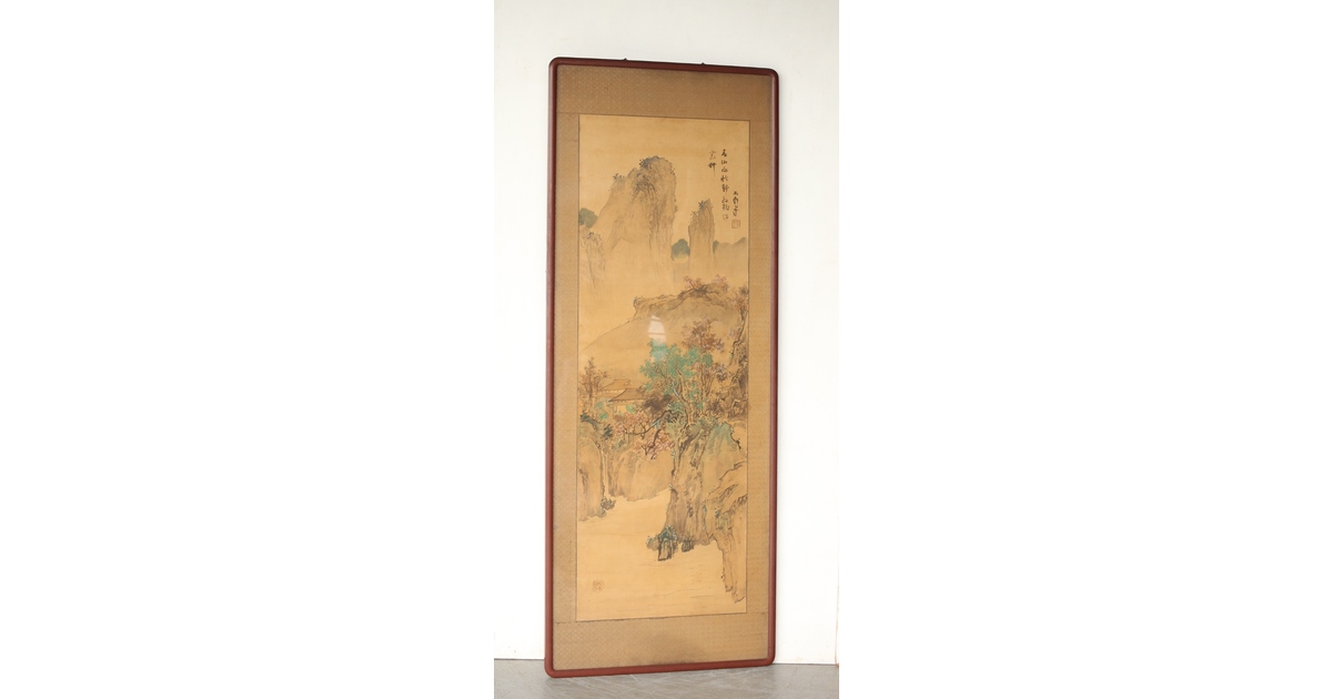 中村不折 山水画 掛軸 日本画 風景画 中村不折 絹本額装 タトウ付 洋画家 山水 南画 Z435｜骨董店 のびる 古