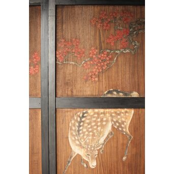 紅葉に鹿 唐人図 板絵板戸 2枚1組　B1050 時代の板に　彩色が映えます