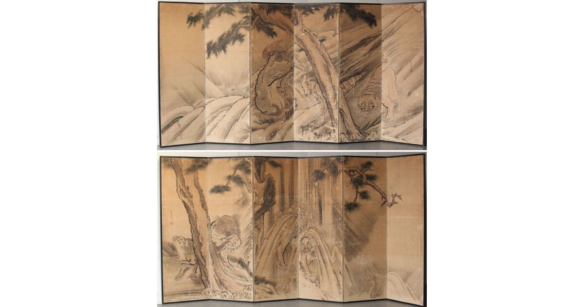 女流画家 桜井雪保 群虎図 紙本屏風一双 Z482｜骨董店 のびる 古美術