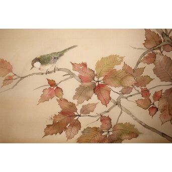 松林桂月 紅葉に鳥 絹本まくり　Z509 