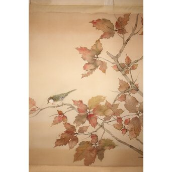 松林桂月 紅葉に鳥 絹本まくり　Z509 
