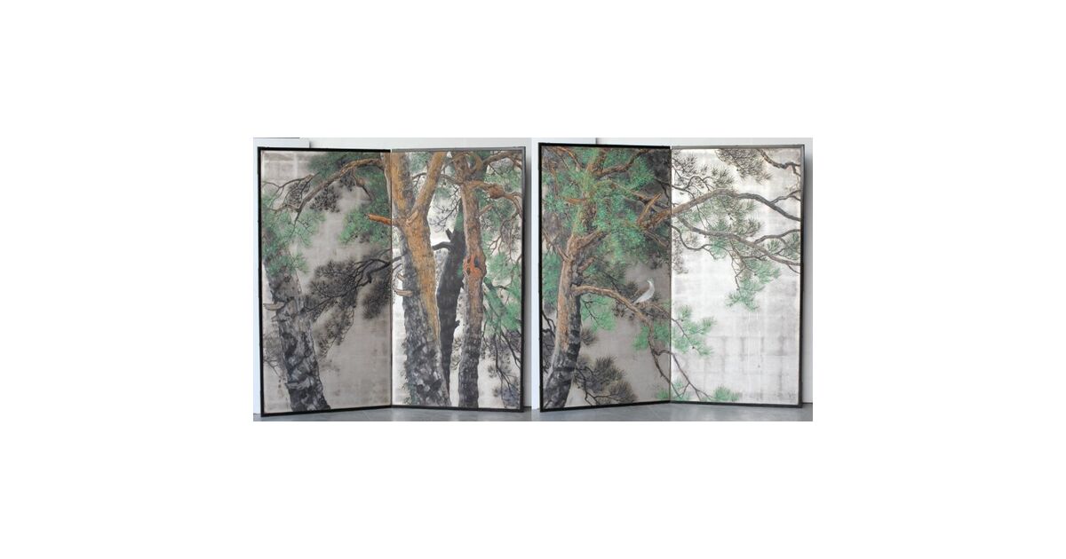 堀田秀叢 鷹松図 一双 銀屏風 Z563|骨董店 のびる 古美術 骨董 堀田秀叢 鷹松図 一双 銀屏風 Z563|骨董店 のびる 古美術 骨董