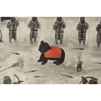 北海道画家 平子聖龍『イオマンテ アイヌ風俗と熊祭』 板絵扁額 アイウシ模様額 自彫か　Z586 