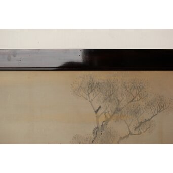 倣 松村景文 黒枠日本画欄間 梅に鶯 2枚1組　R0463 