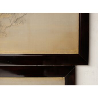 倣 松村景文 黒枠日本画欄間 梅に鶯 2枚1組　R0463 