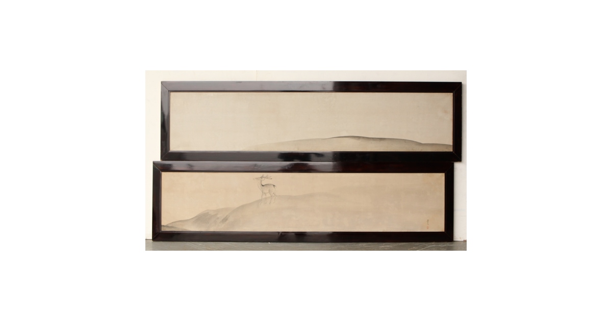 倣 松村景文 黒枠日本画欄間 鹿松 2枚1組 R0464｜骨董店 のびる