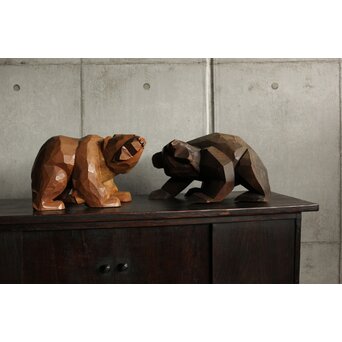 面彫 北海道産 木彫熊 白と黒 一対　X583
