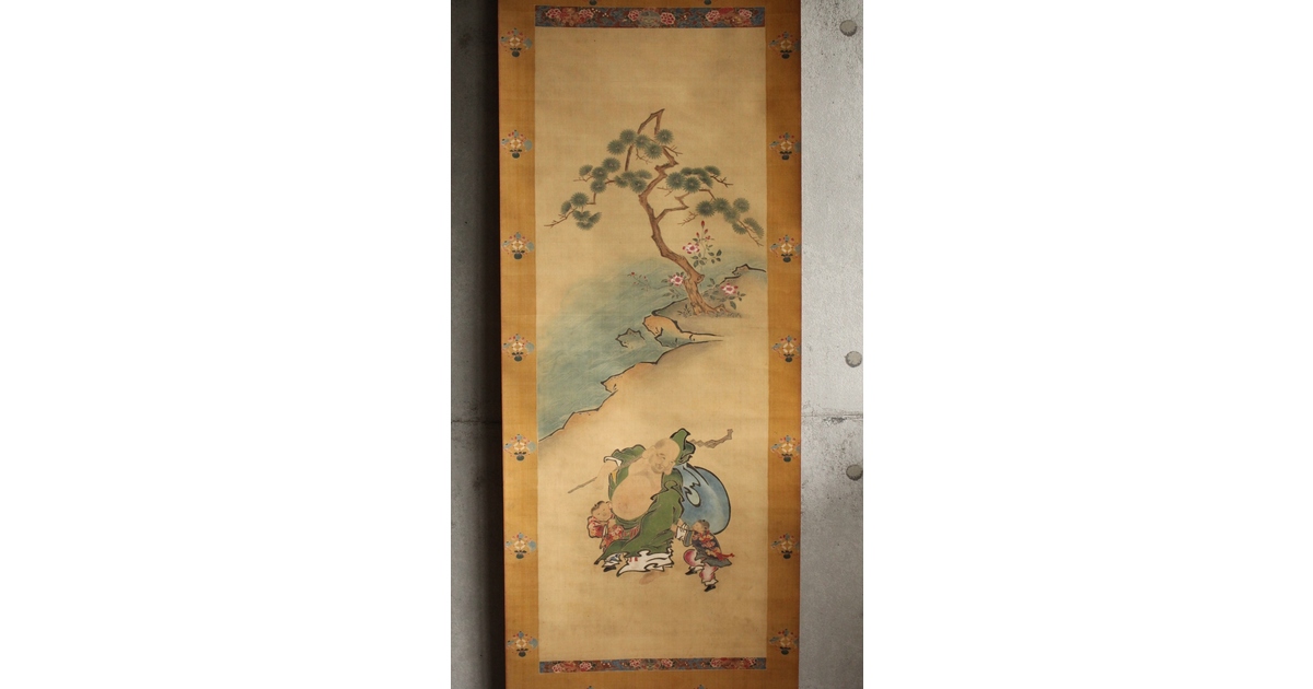 掛軸 喜多川東観『高砂図』絹本 肉筆 共箱付 良好品 掛け軸 a072013