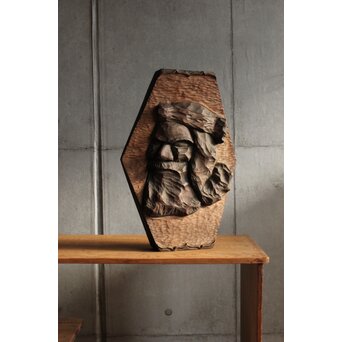 間見谷喜文 アイヌ彫刻 木彫エカシ像壁掛　X591