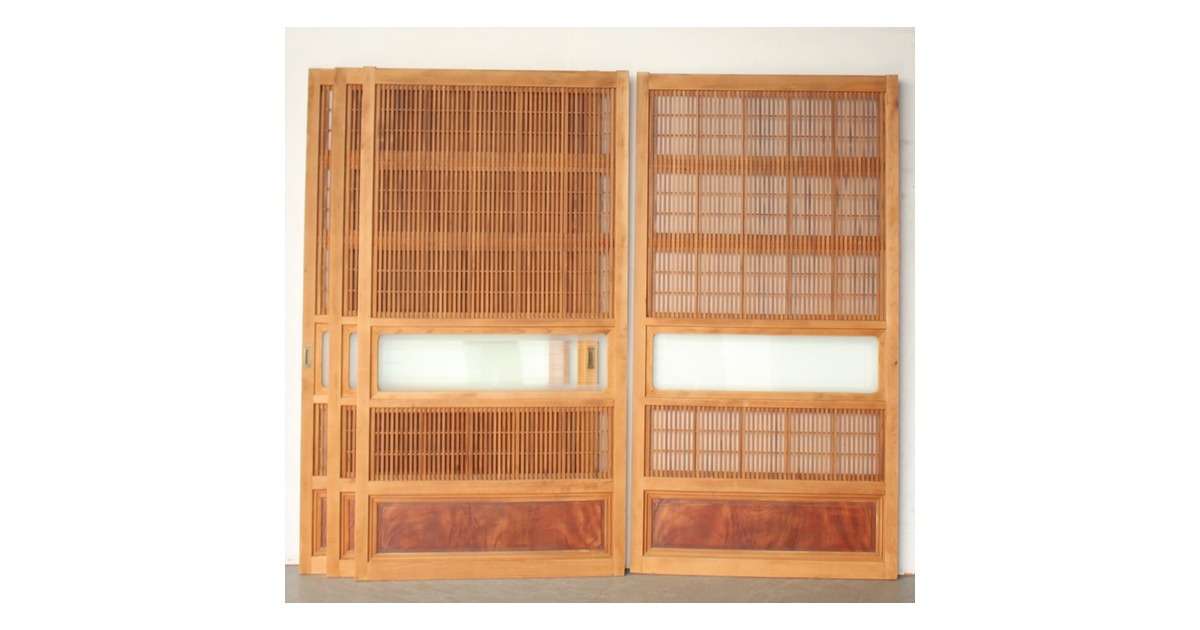障子枠付 格子戸 4枚1組 L1169｜骨董店 のびる 古美術 骨董 和風建具