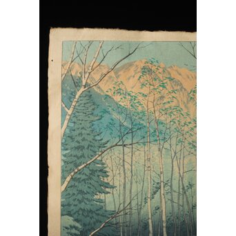 伊藤孝之 木版画【明け行く岳川】1932年渡辺庄三郎版 竹枠額装 Jシールワタナベ6㎜印　Z683 