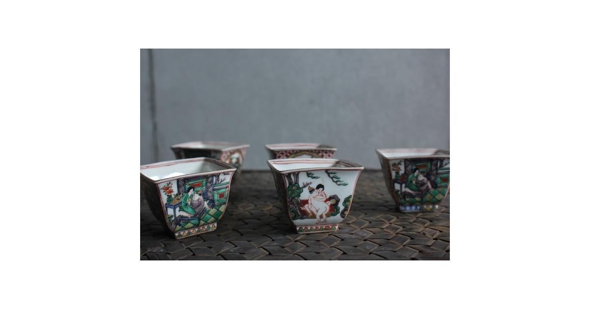 真葛香山父 真葛長造作か 萬歴赤絵意 煎茶碗 五客 P584｜骨董店 のびる
