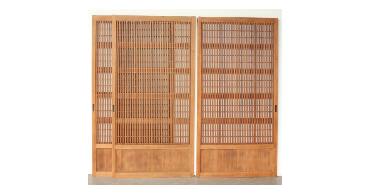 118 木製格子 3枚 釘無 障子枠付 白木格子戸 3枚1組 L1183｜骨董店 のびる 古美術 骨董