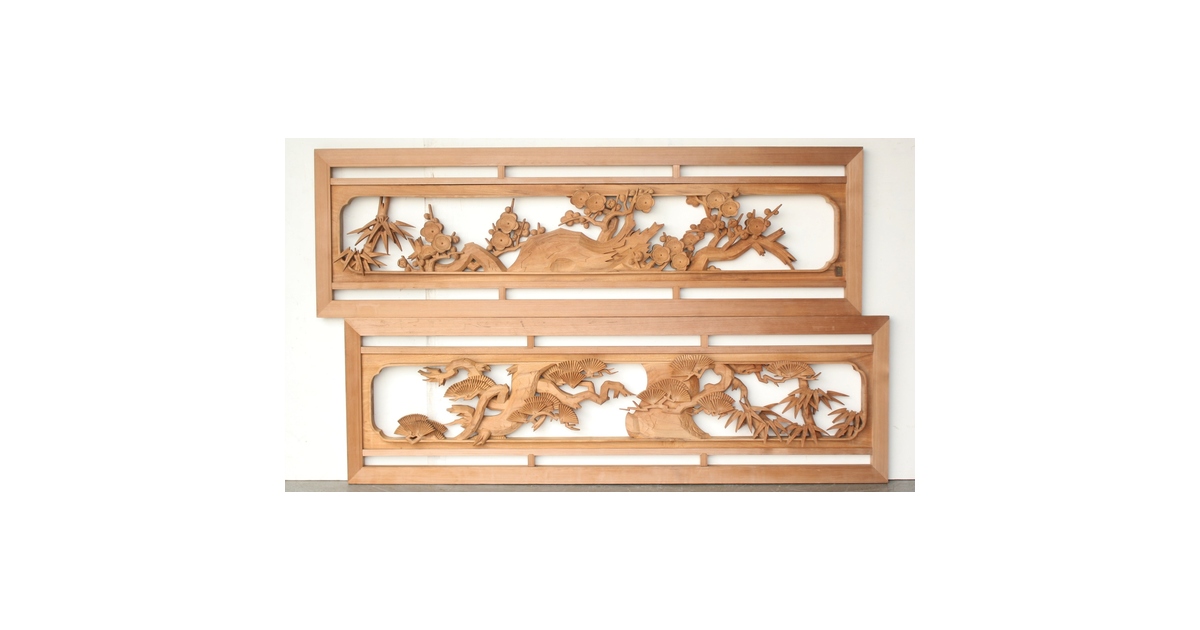 柳沢英一 井波彫刻 木彫欄間 【松竹梅】2枚1組 R0509｜骨董店 のびる