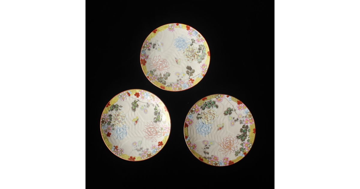 瀧藤萬次郎 色絵磁器皿 三枚 P622｜骨董店 のびる 古美術 骨董 和風