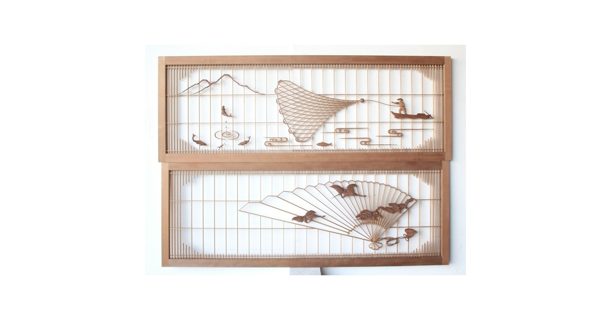 投網図と吉祥紋 大欄間 2枚1組 R0529｜骨董店 のびる 古美術 骨董 和風