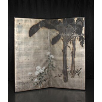 竹内盧風 芭蕉図 銀地屏風　X920