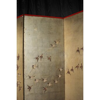 秋草に雀 銀屏風 六曲半双　Z932 