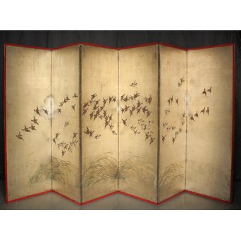 秋草に雀 銀屏風 六曲半双　Z932