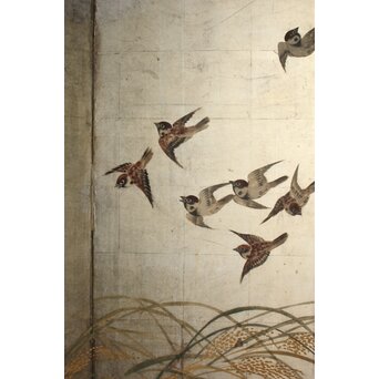 秋草に雀 銀屏風 六曲半双　Z932 