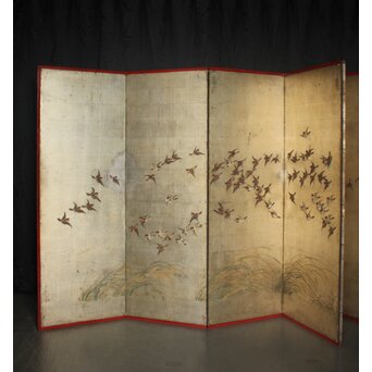 秋草に雀 銀屏風 六曲半双　Z932 